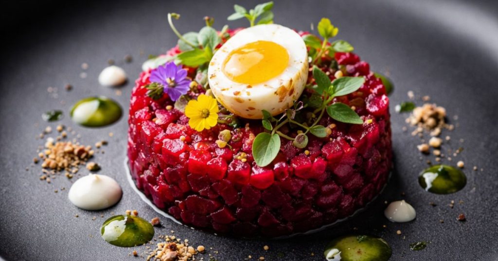 Wachtelei auf Rote-Bete-Tatar in der Sternegastronomie angerichtet