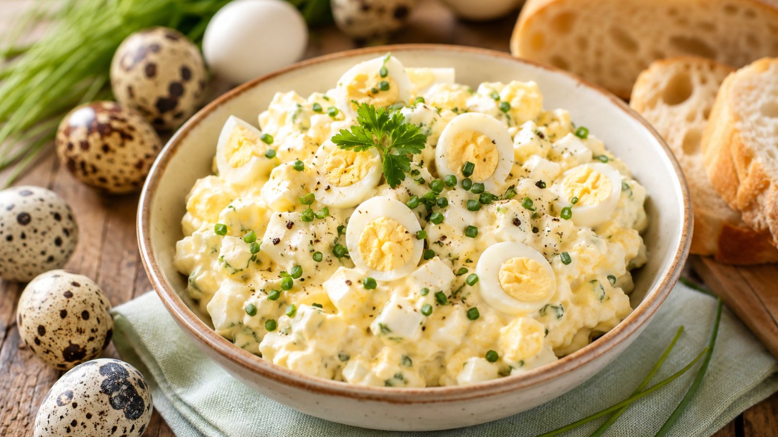 Eiersalat mit Wachteleiern in einer Schüssel, garniert mit frischem Schnittlauch und serviert mit knusprigem Bauernbrot.