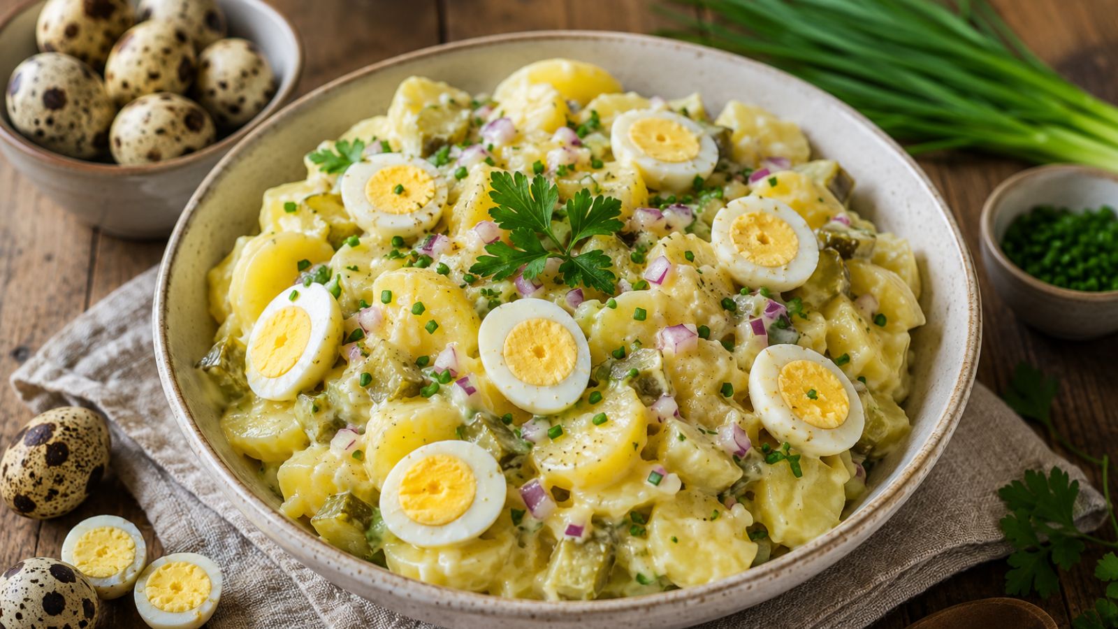 Kartoffelsalat mit Wachteleiern als cremige Grillbeilage