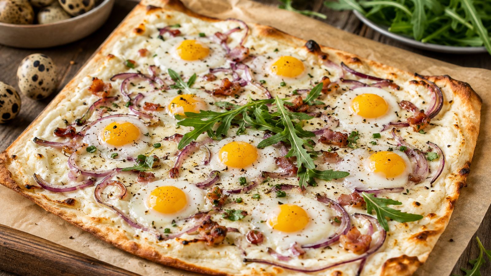 Knuspriger Flammkuchen mit Wachteleiern, Rucola und roten Zwiebeln auf einem Holzbrett