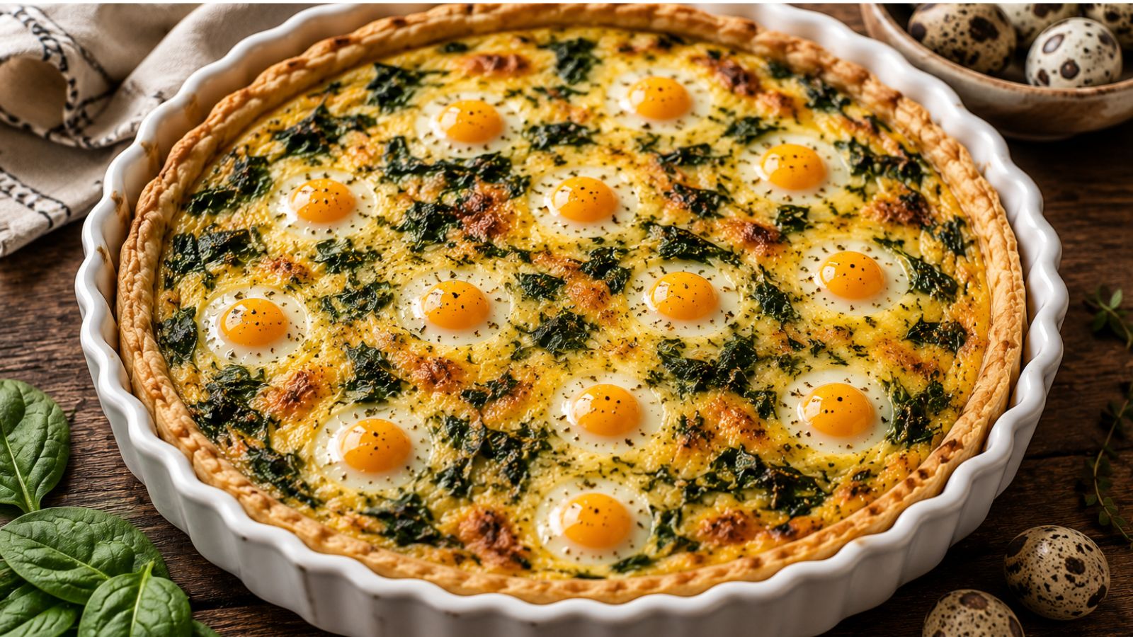 Quiche mit Wachteleiern und Spinat in einer Quicheform